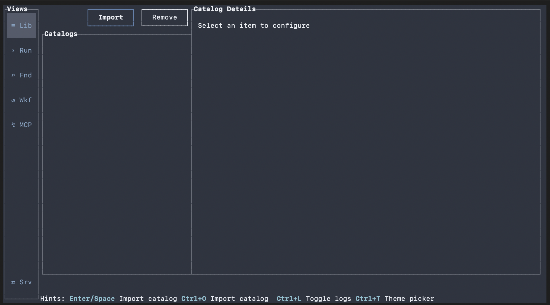 Oatty TUI landing view with empty Library view