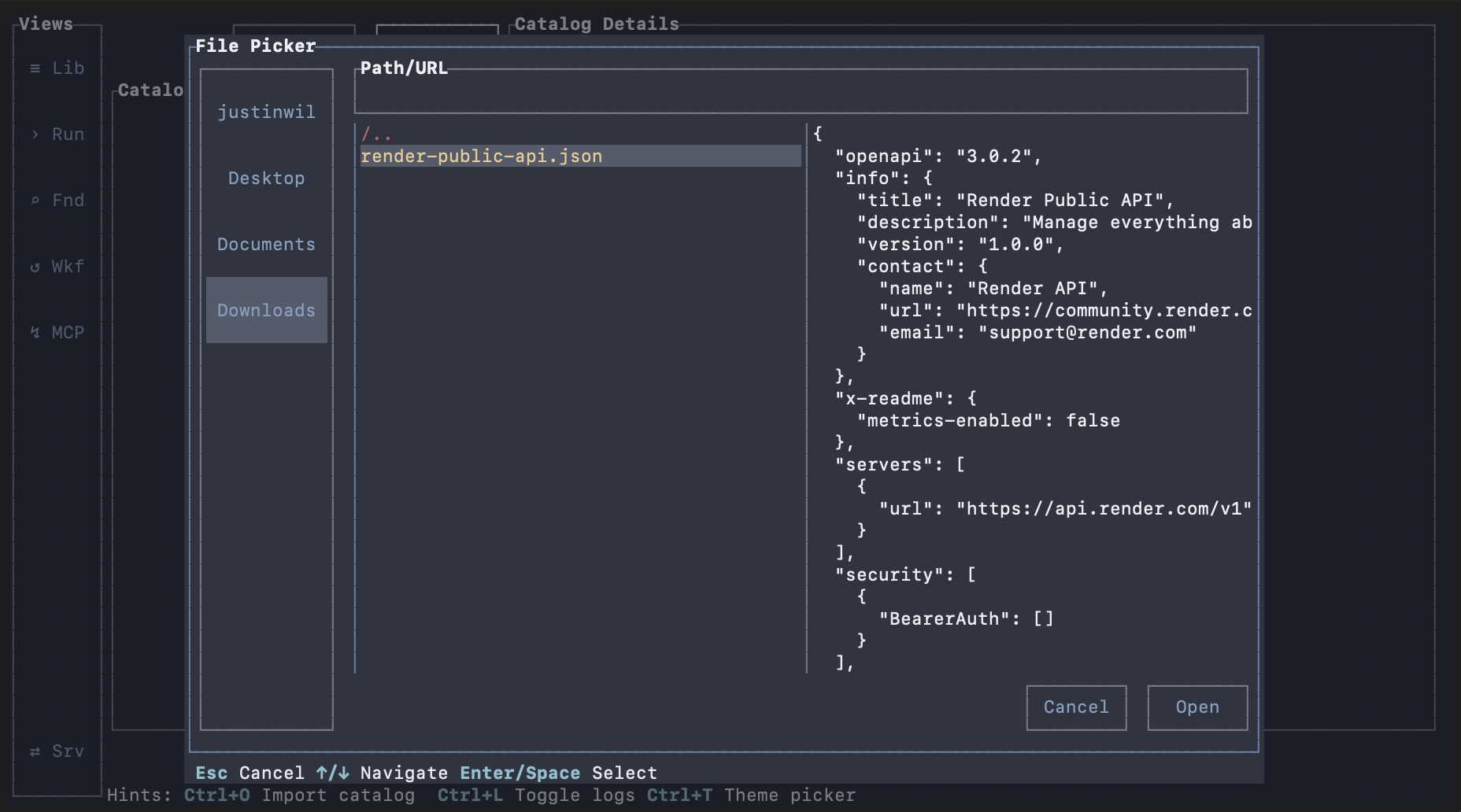 Oatty TUI import file picker with OpenAPI v3 schema selected from filesystem