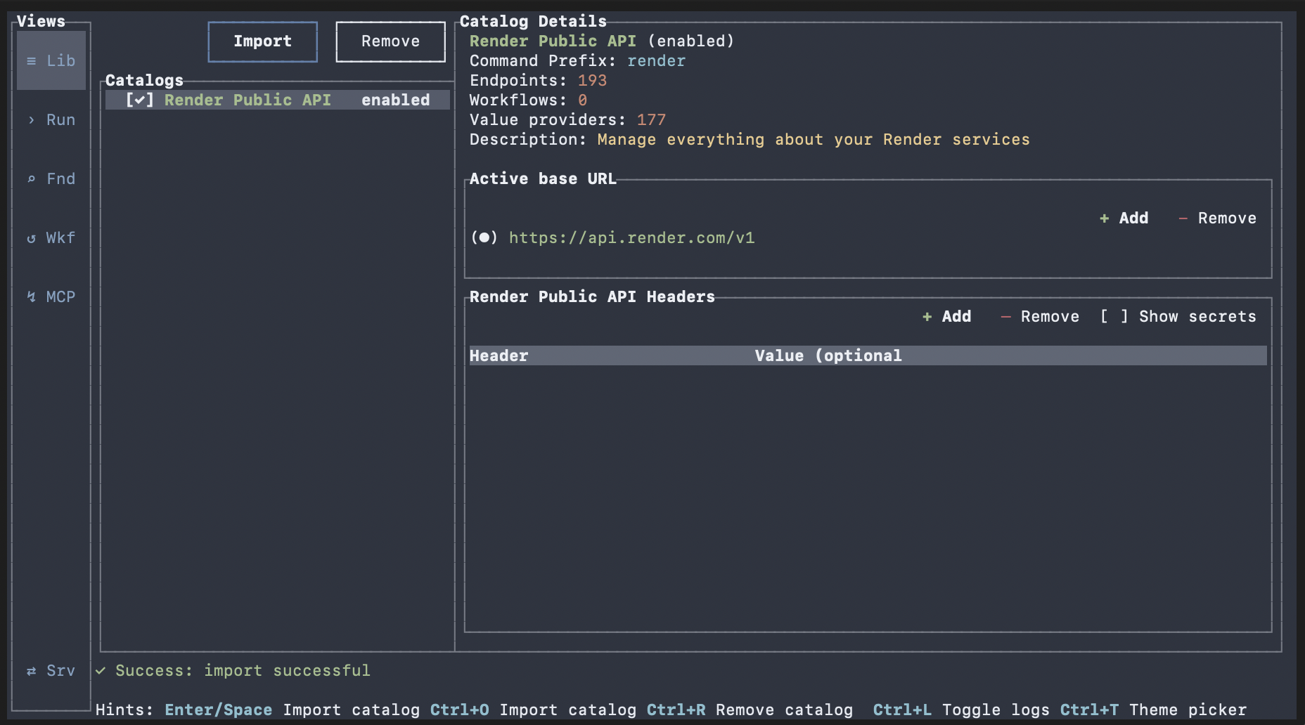 Oatty TUI library view with the newly imported catalog